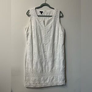 Talbots Embroidered Floral Sleeveless Eyelet Shift Dress White Cotton Size 16